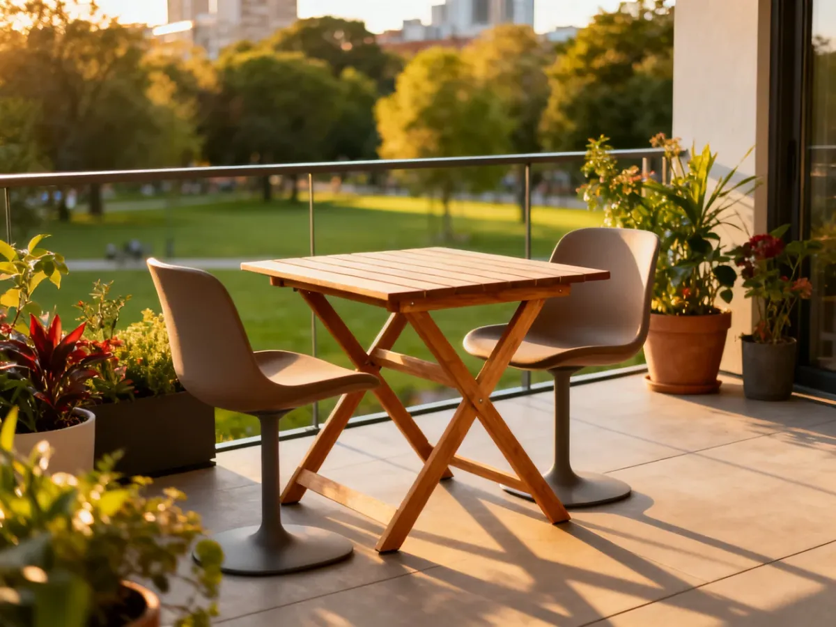 Nowoczesny balkon z drewnianym składanym stolikiem i ergonomicznymi krzesłami, zaaranżowany w przytulnym, minimalistycznym stylu.