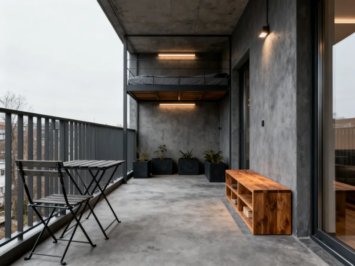 Kompletnie urządzony niewielki balkon w stylu loft z otwartą przestrzenią
