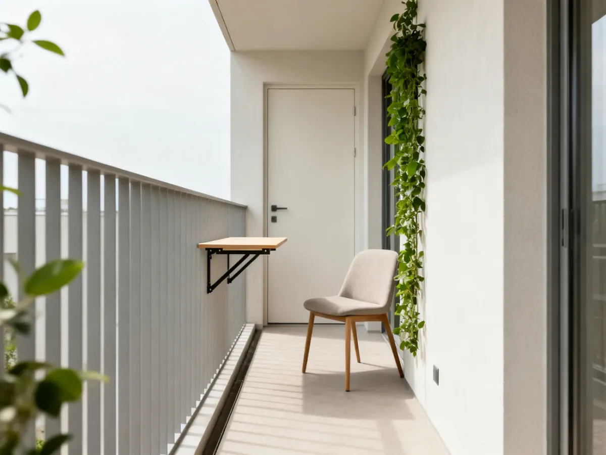 Uporządkowany wąski balkon z wolnym przejściem i pionową zielenią