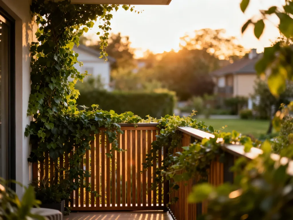 Balkon na parterze osłonięty gęstą roślinnością i drewnianymi panelami, zapewniający prywatność i przytulną atmosferę.
