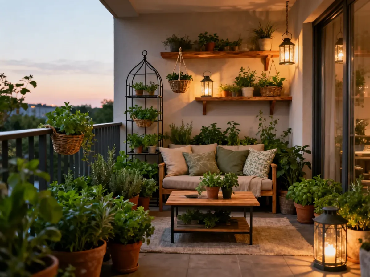 Balkon z ziołami i dekoracyjnymi dodatkami
