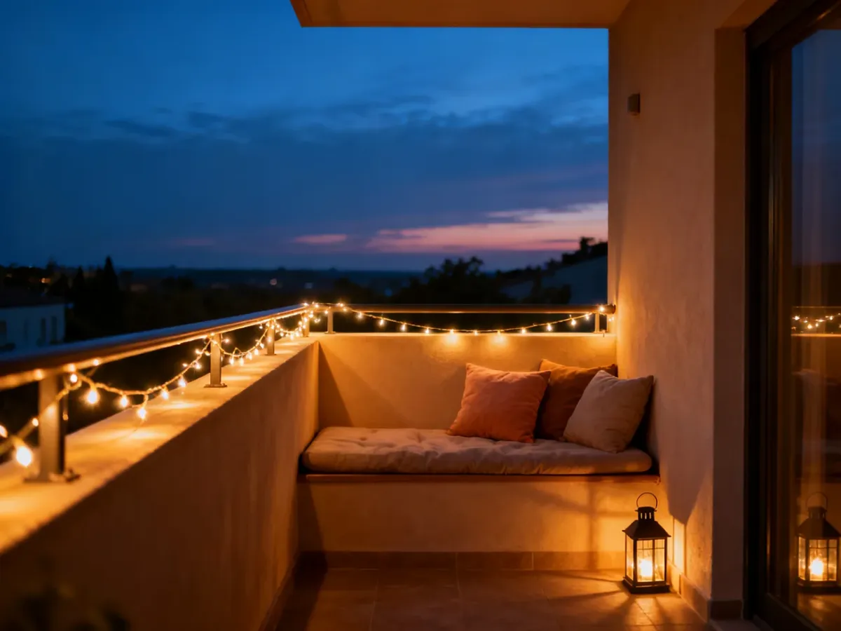 Wieczorny balkon oświetlony girlandą i lampionami