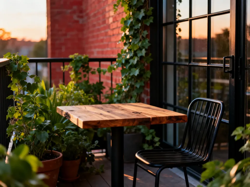 Balkon w stylu loft z metalowym zestawem bistro, surowym drewnem i bujną roślinnością na tle ceglanej ściany.