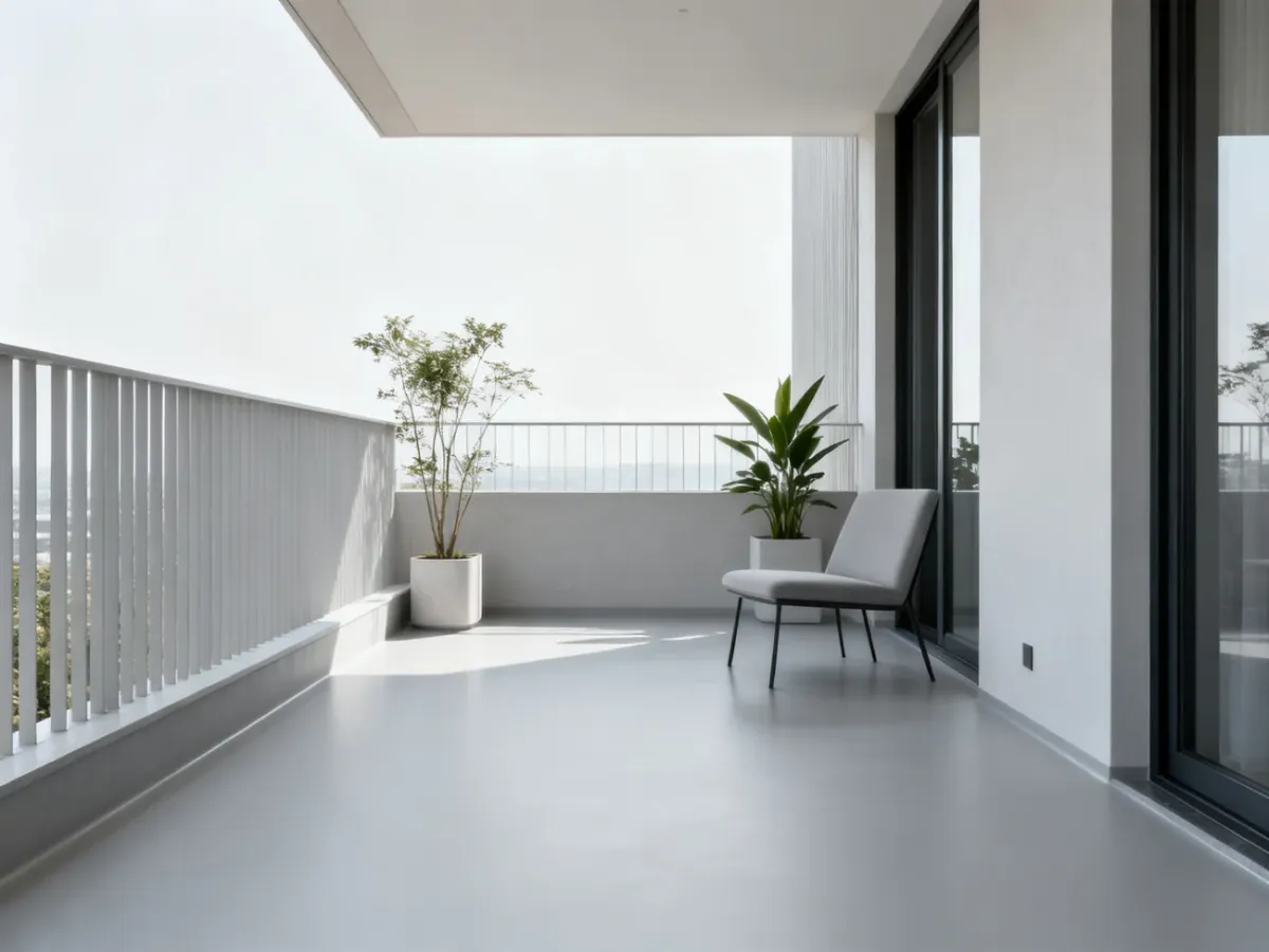 Minimalistyczny balkon z gładką bezspoinową posadzką żywiczną
