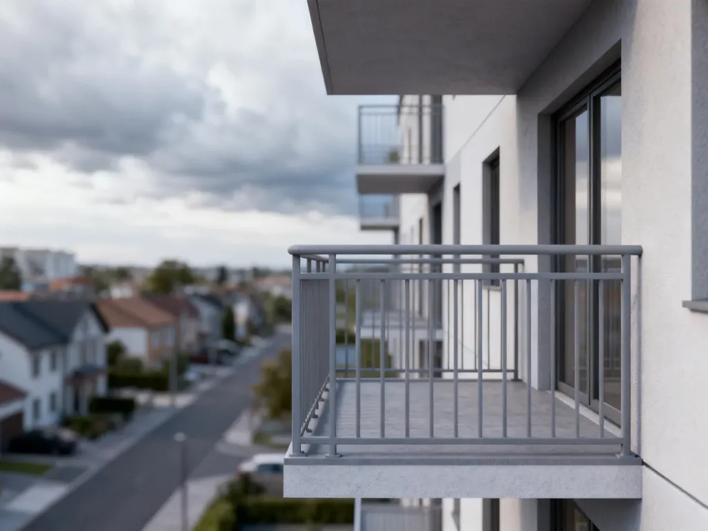 Wizualizacja nowoczesnego balkonu z metalową balustradą na tle fasady budynku mieszkalnego.