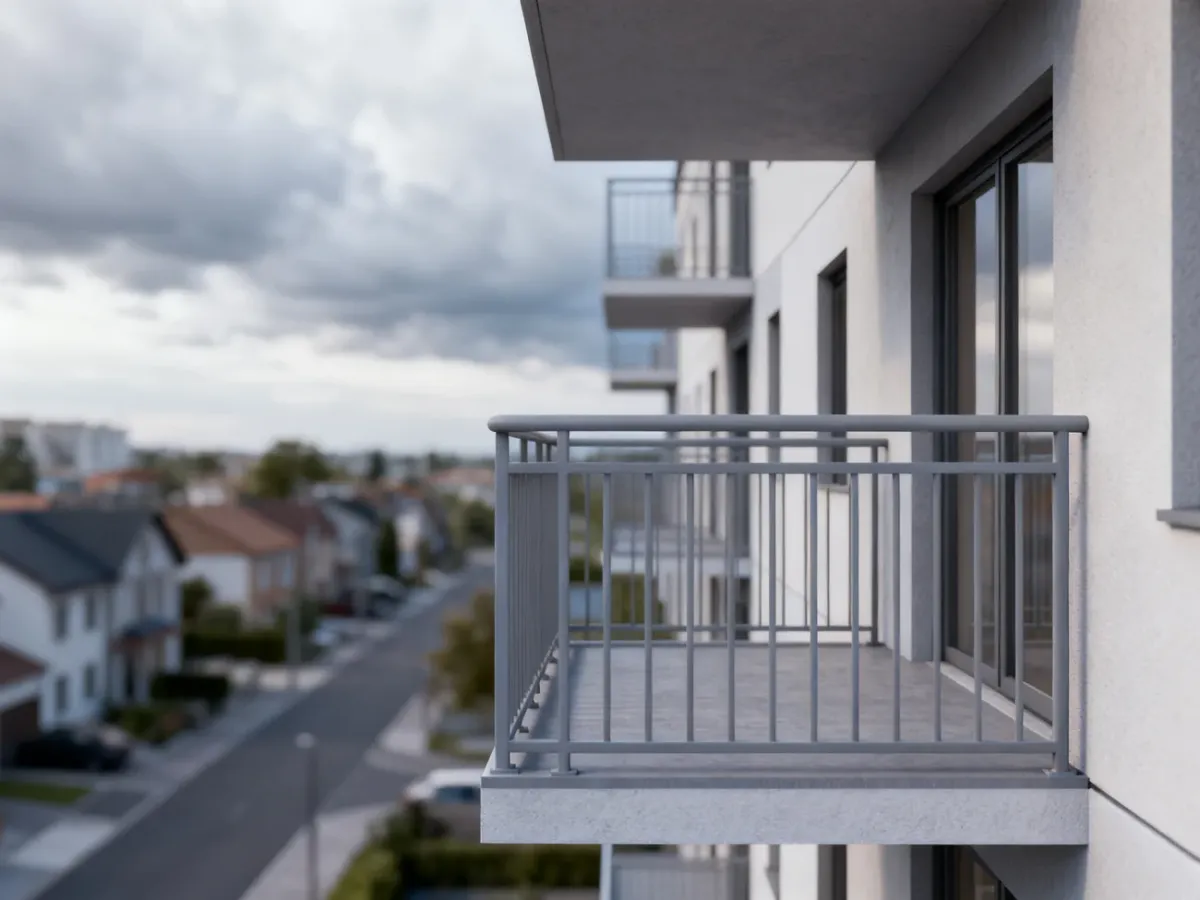 Wizualizacja nowoczesnego balkonu z metalową balustradą na tle fasady budynku mieszkalnego.