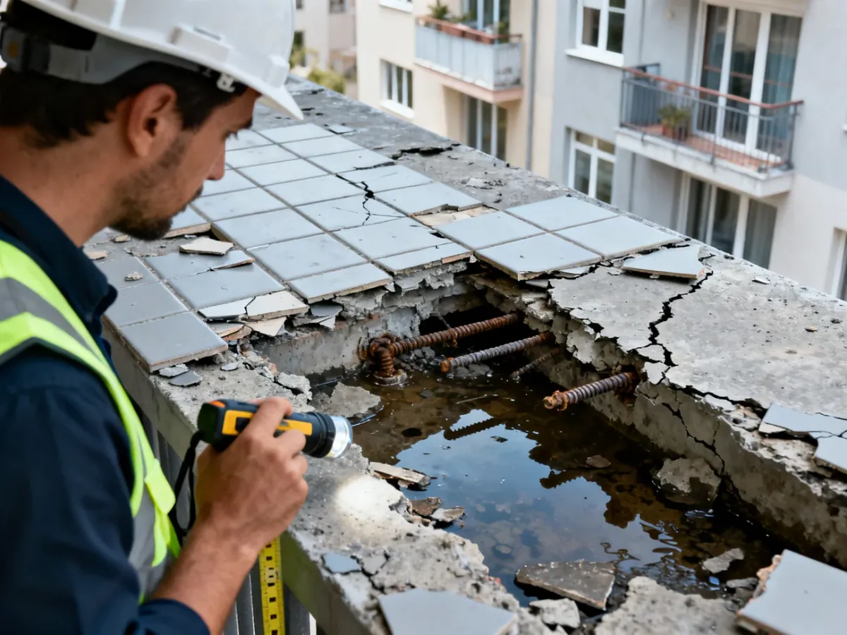 Fachowa ocena balkonu z odspojonymi płytkami i skorodowanym zbrojeniem