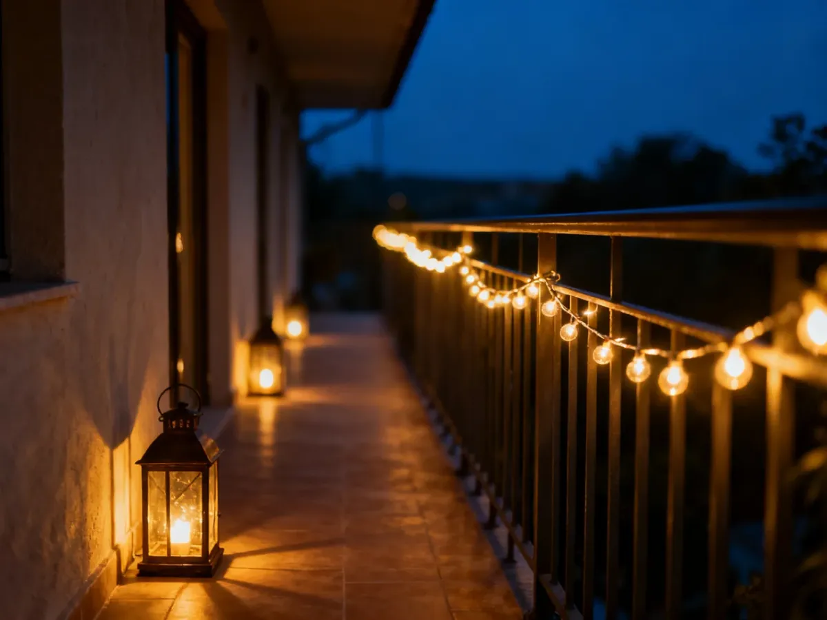 Podłużny balkon wieczorem z girlandą świateł i lampionami