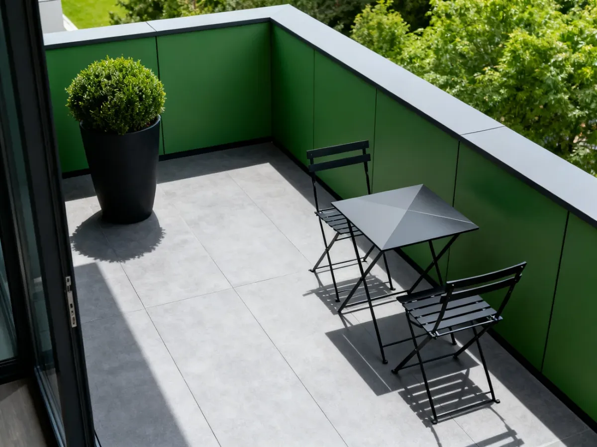 Minimalistyczny balkon z czarnymi metalowymi meblami i wyrazistą donicą