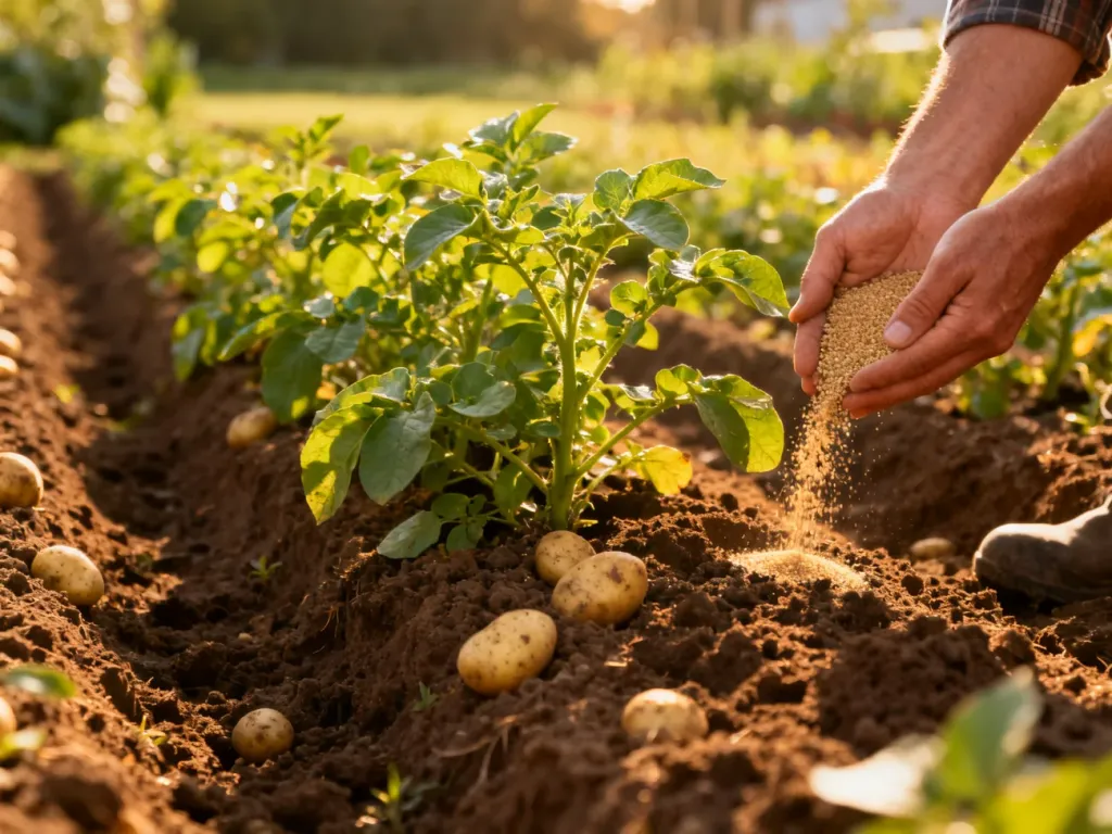 Ogrodnik aplikuje nawóz organiczny przy krzakach ziemniaków w przydomowym ogrodzie.