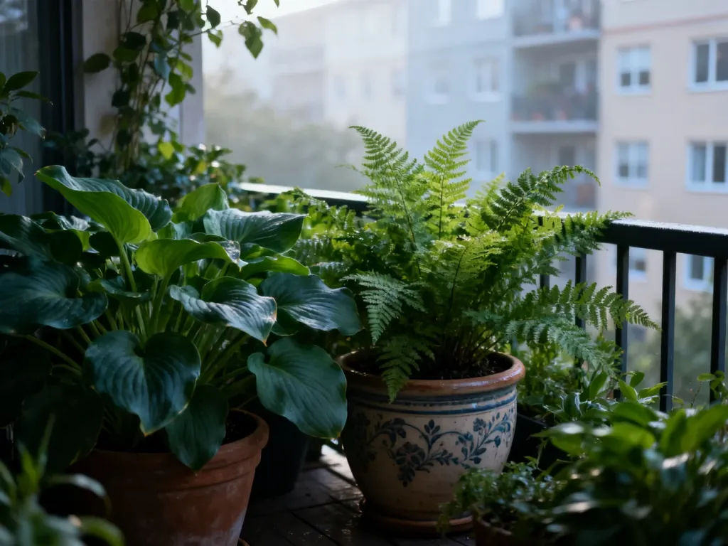Przytulny balkon od strony północnej z bujnymi paprociami i funkiami w ceramicznych donicach w porannym świetle.