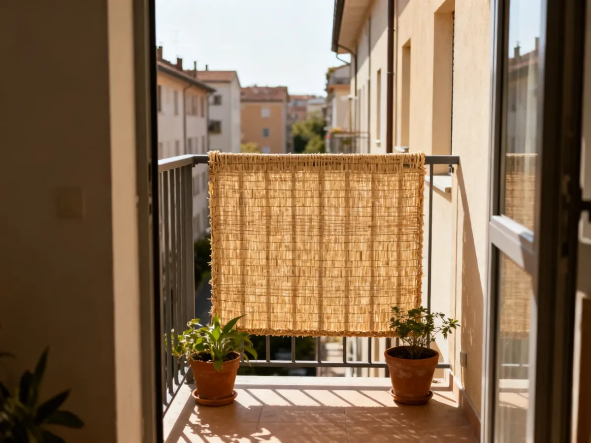 Balkon z matą osłaniającą balustradę przed wzrokiem sąsiadów