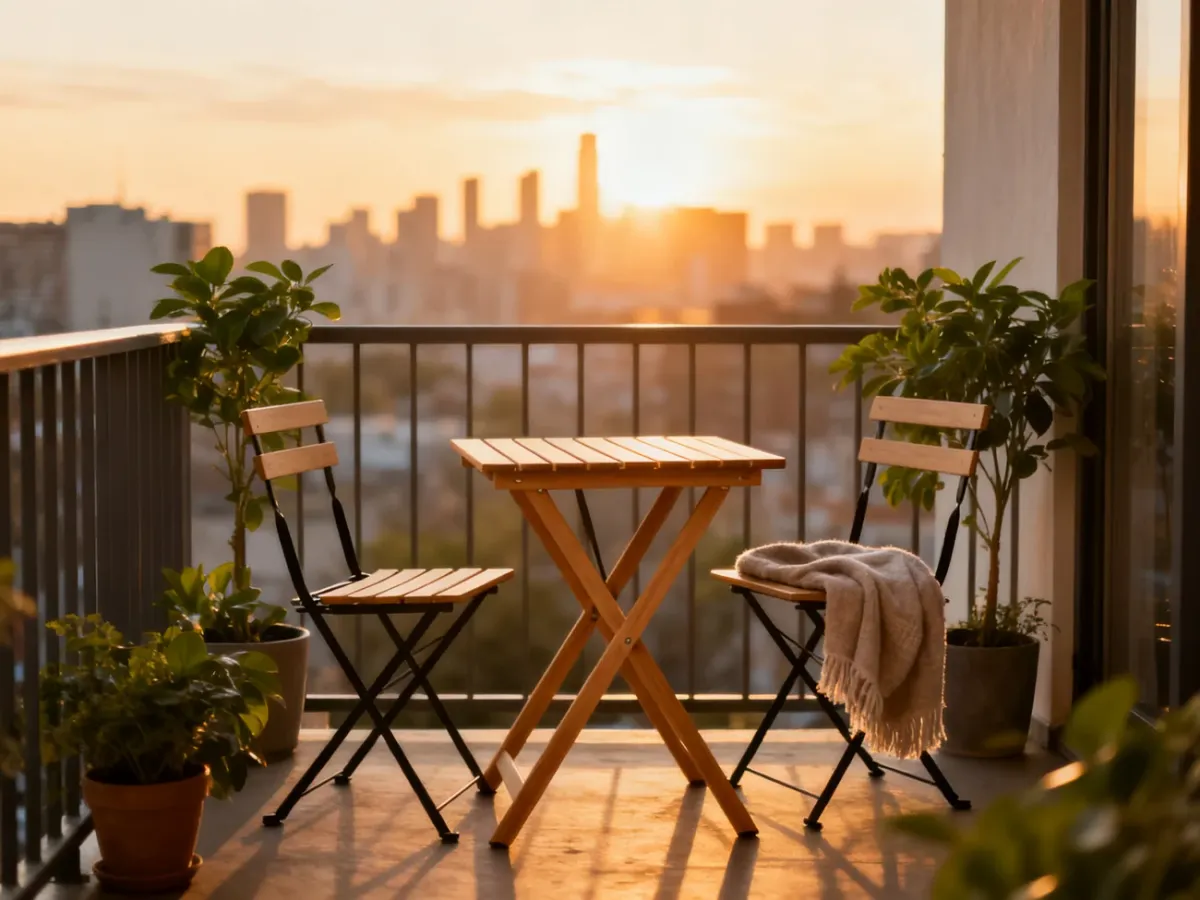 Przytulny balkon z kompaktowym składanym stolikiem i krzesłami, idealny do aranżacji małej przestrzeni miejskiej.