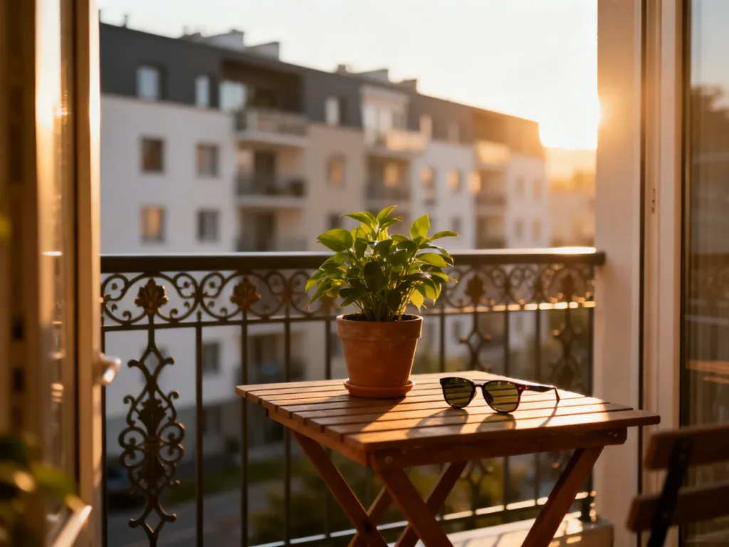 Przytulny balkon w bloku o zachodzie słońca z drewnianym stolikiem, rośliną i okularami przeciwsłonecznymi.