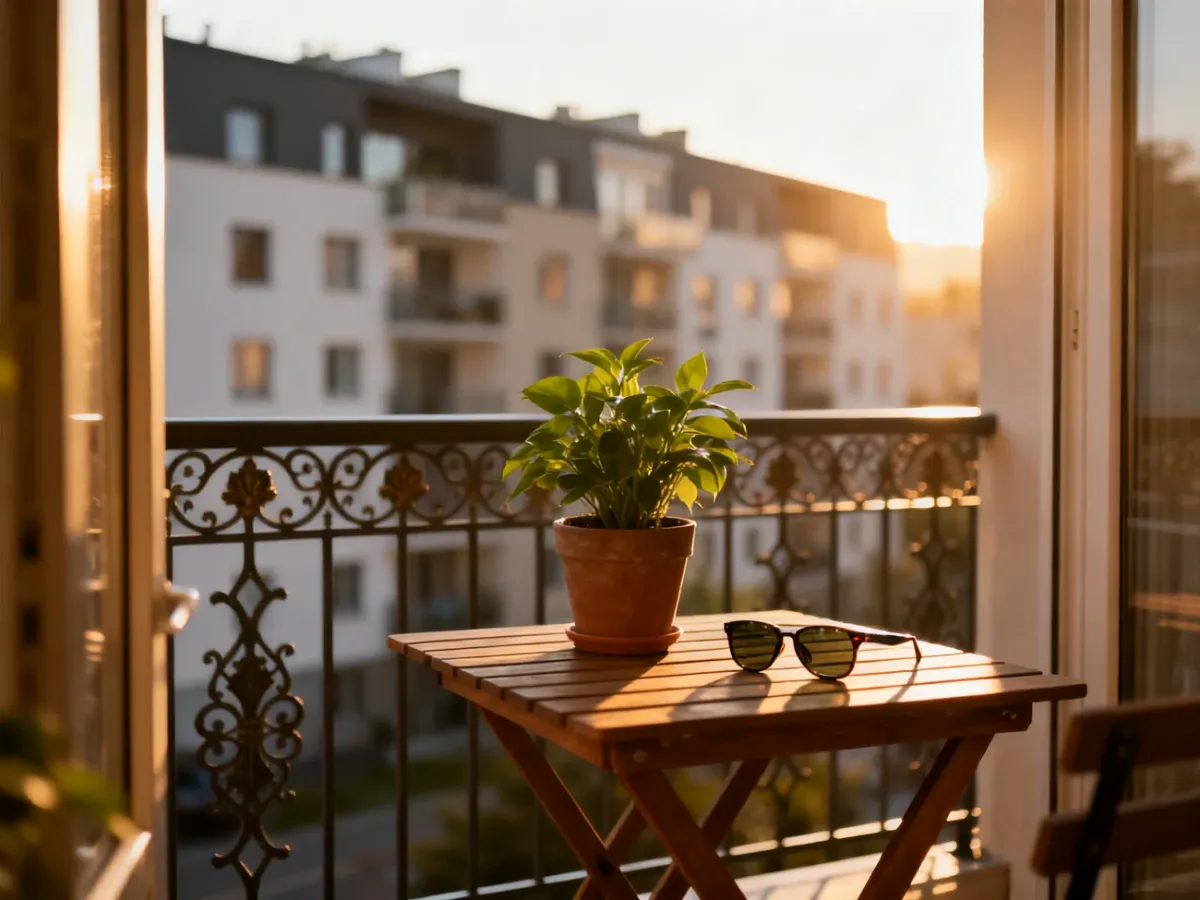 Przytulny balkon w bloku o zachodzie słońca z drewnianym stolikiem, rośliną i okularami przeciwsłonecznymi.