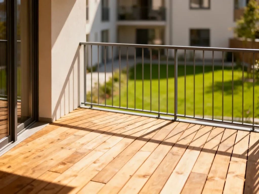 Nowoczesny taras z drewnianą podłogą i metalową balustradą na tle budynku wielorodzinnego z widokiem na zielone patio.