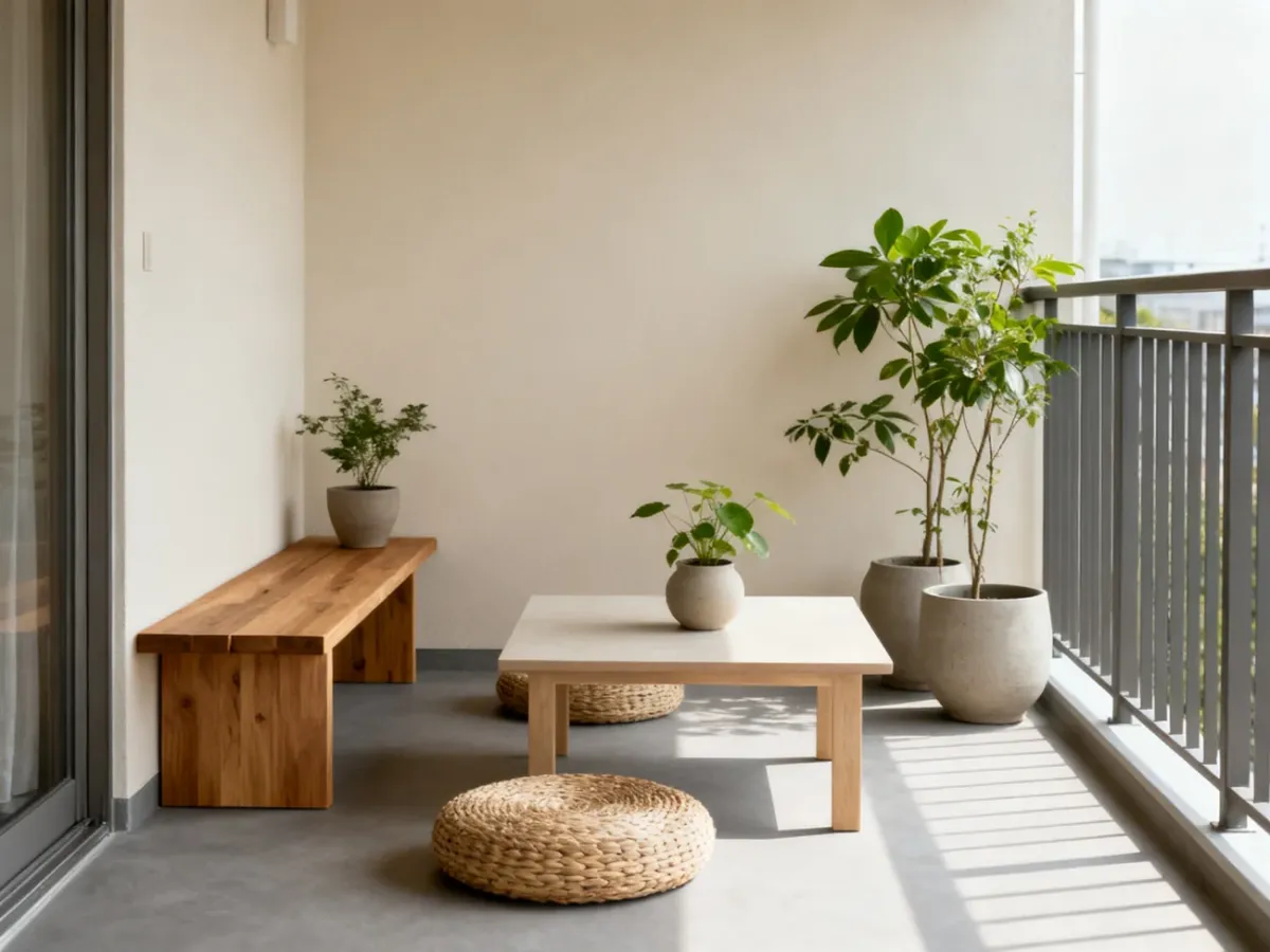 Spokojny balkon japandi z drewnianą ławką, plecionymi dodatkami i roślinami