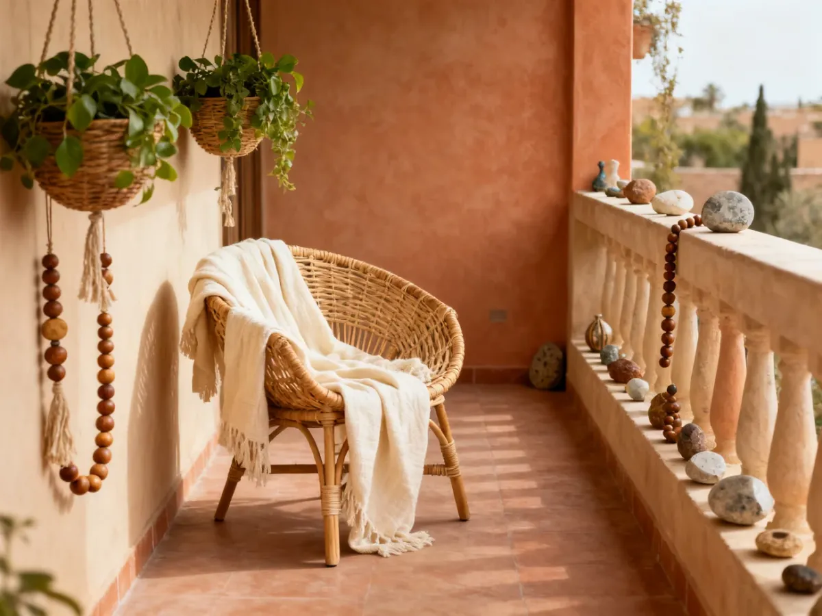 Balkon w stylu boho z rattanowym krzesłem i wiszącymi donicami