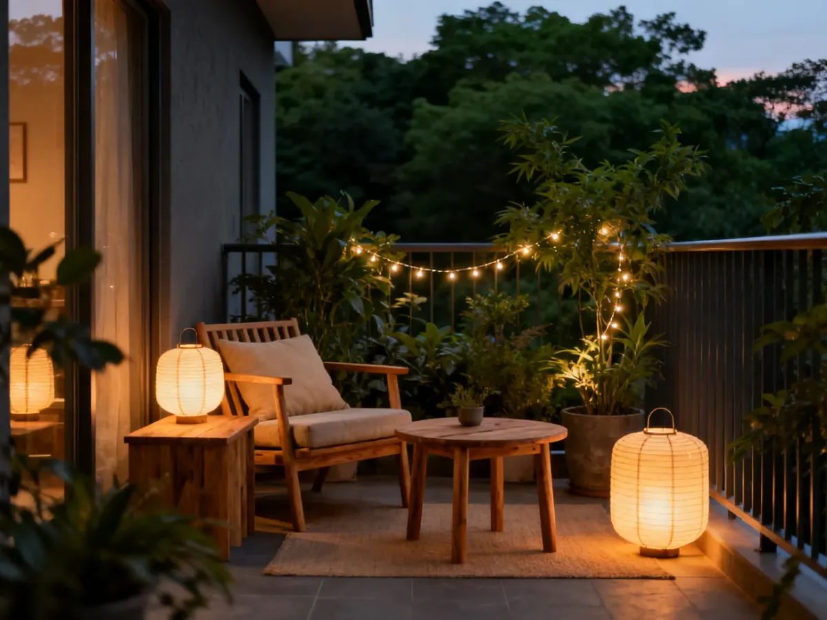 Wieczorny balkon japandi oświetlony ciepłymi lampionami i delikatnymi światłami