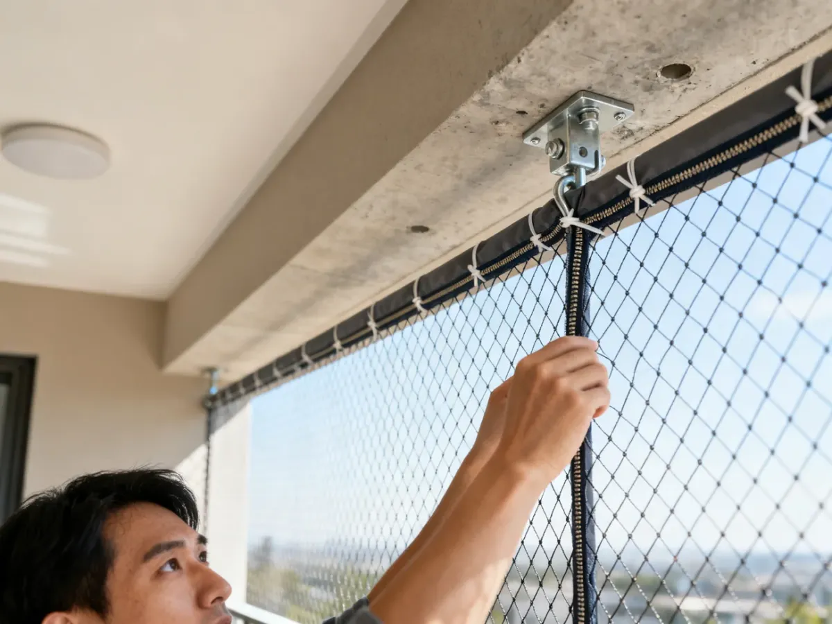 Kontrola narożników i mocowań siatki zabezpieczającej balkon