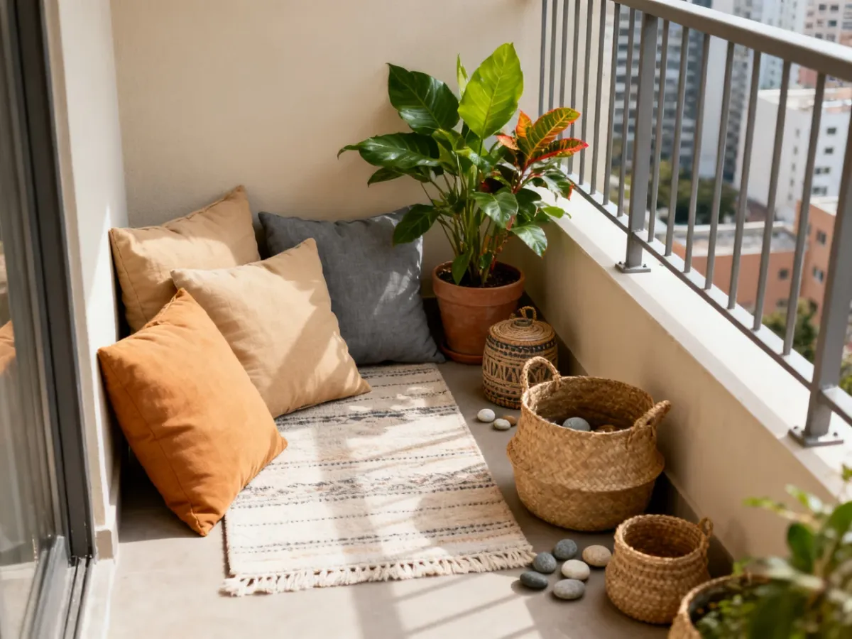 Przytulny balkon z oszczędnymi dodatkami i roślinami