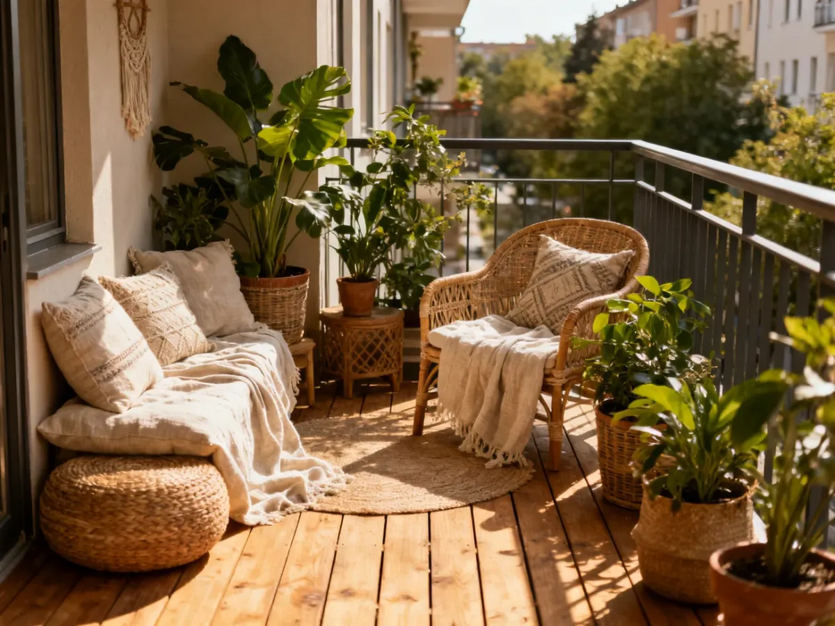 Przytulny balkon z drewnianą podłogą, roślinami i meblami w stylu boho