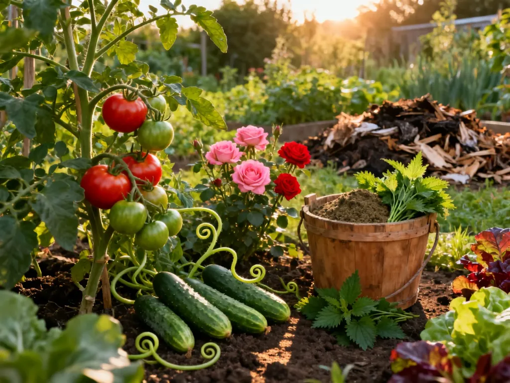 Zdrowe rośliny ogrodowe, takie jak pomidory i róże, obok wiadra z naturalnym nawozem z pokrzywy w słonecznym ogrodzie.
