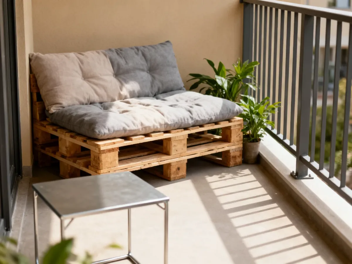 Mały balkon z siedziskiem wykonanym z palet i poduszką