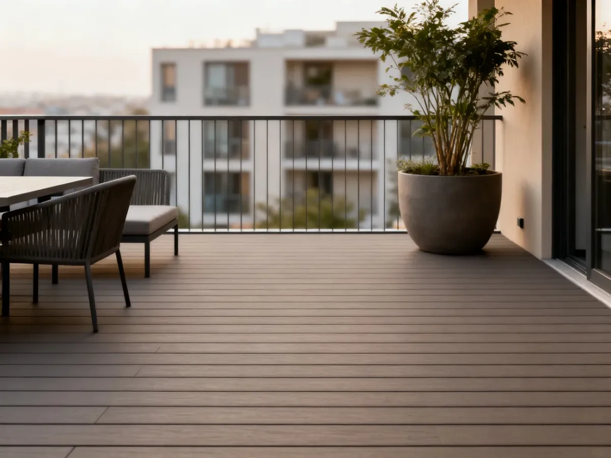 Nowoczesny balkon z deskami kompozytowymi WPC i minimalistycznymi meblami