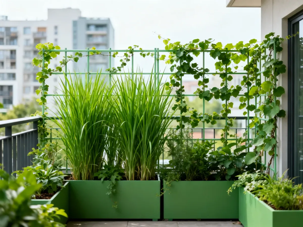 Balkon osłonięty roślinami i pnączami na kratownicy
