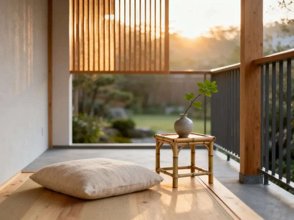 Minimalistyczny balkon w stylu japandi z drewnianą platformą, lnianą poduszką i bambusowym stolikiem w otoczeniu ogrodu.