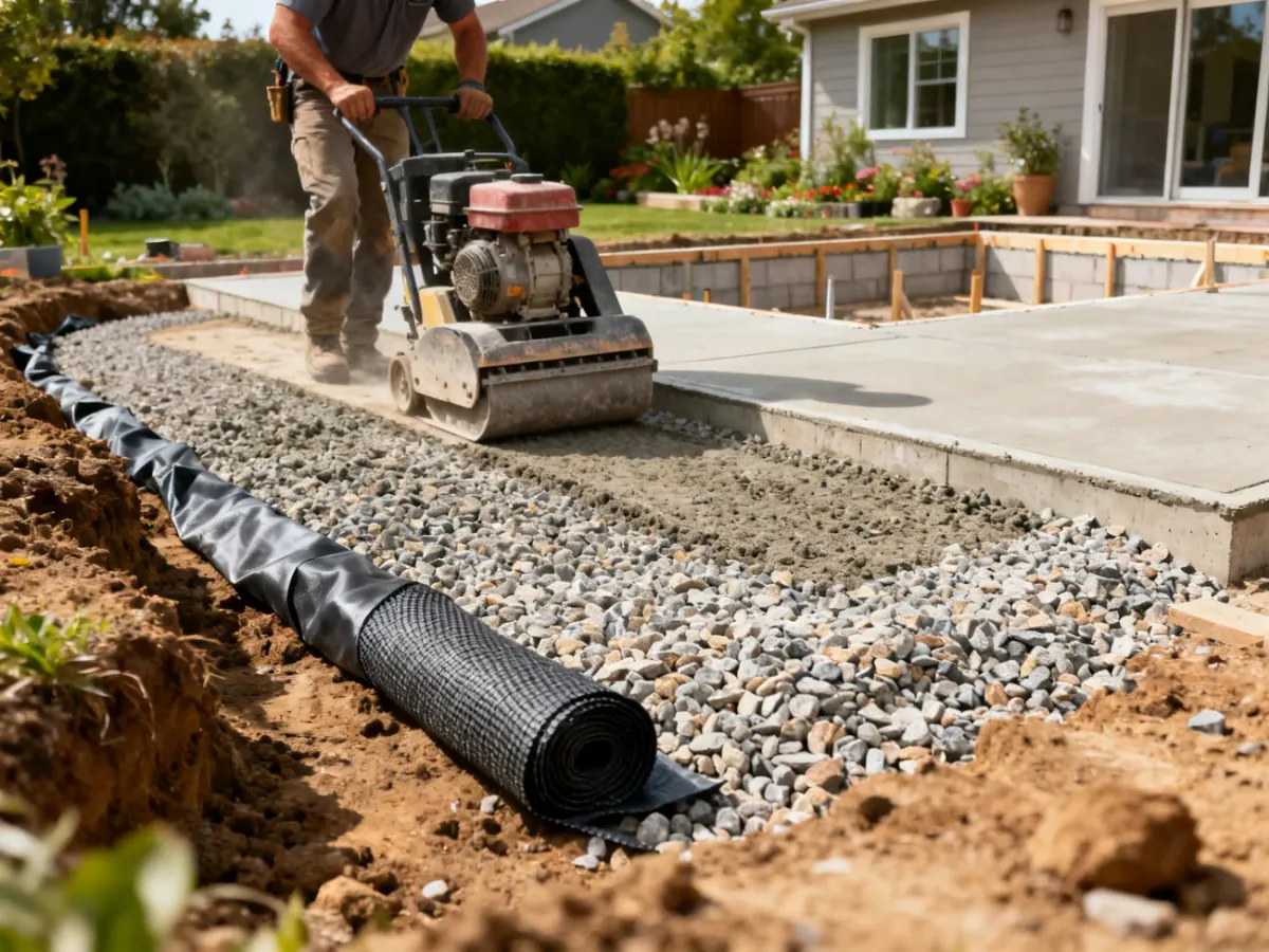 Zagęszczana podbudowa z kruszywa pod taras betonowy z widoczną geowłókniną