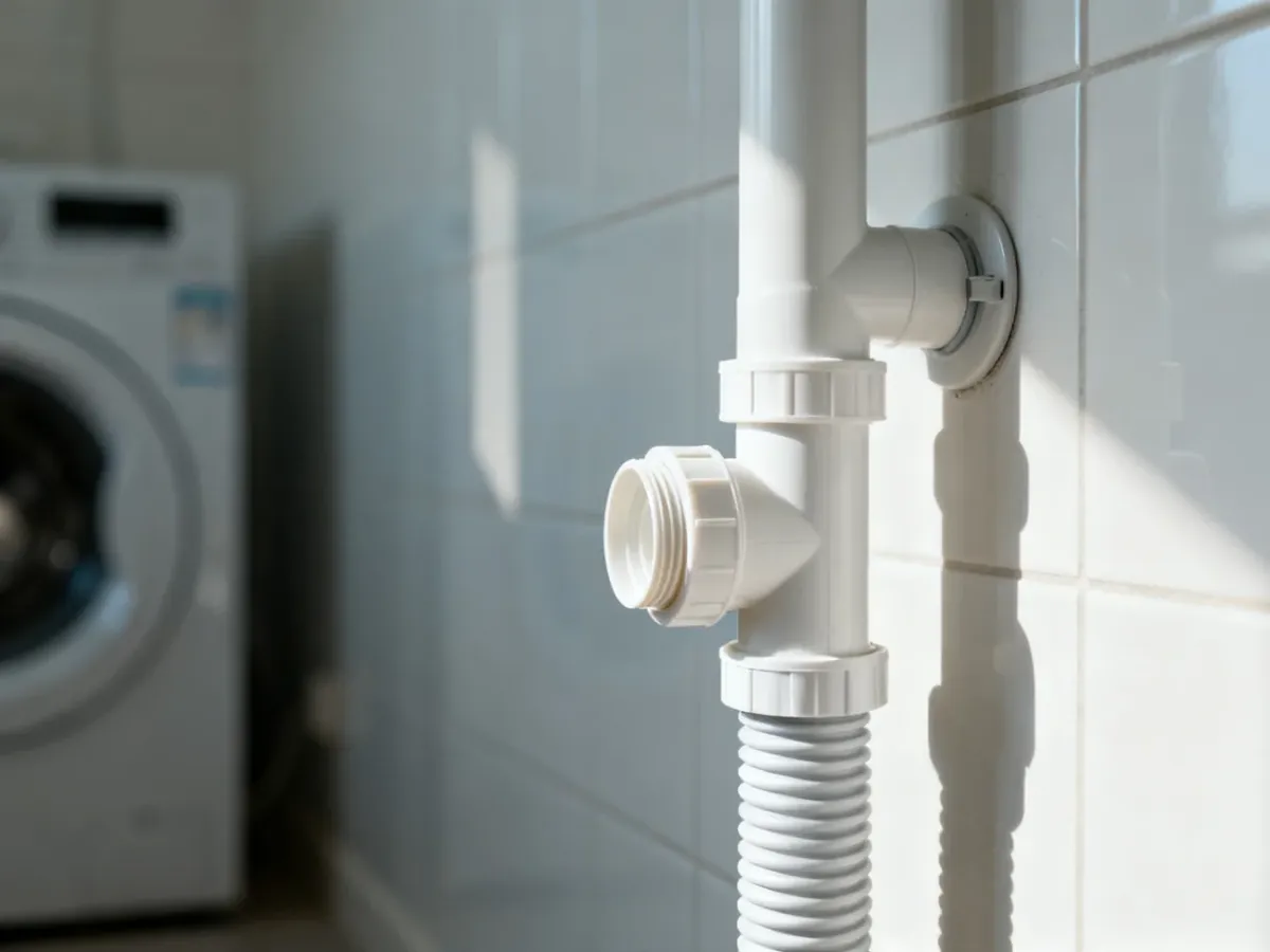 Zbliżenie na precyzyjne podłączenie węża odpływowego pralki do instalacji w ścianie wyłożonej płytkami.