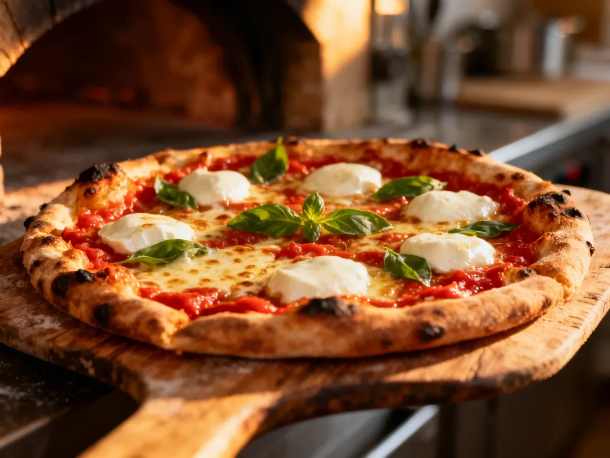 Świeżo upieczona pizza z roztopioną mozzarellą i bazylią na drewnianej łopacie, ukazująca idealnie wypieczone ciasto.