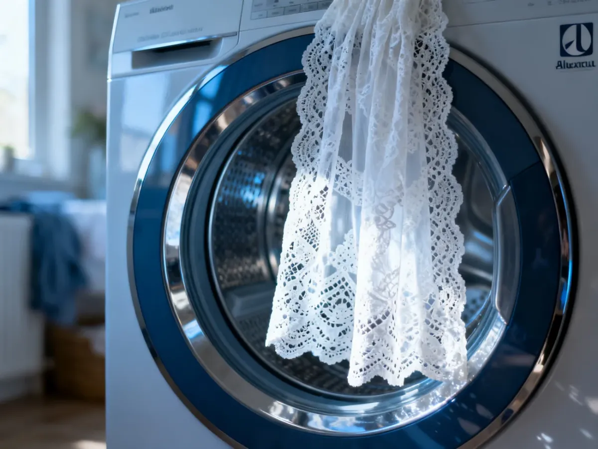 Delikatna biała firanka w bębnie pralki Electrolux, podkreślająca dbałość o tkaniny podczas prania.