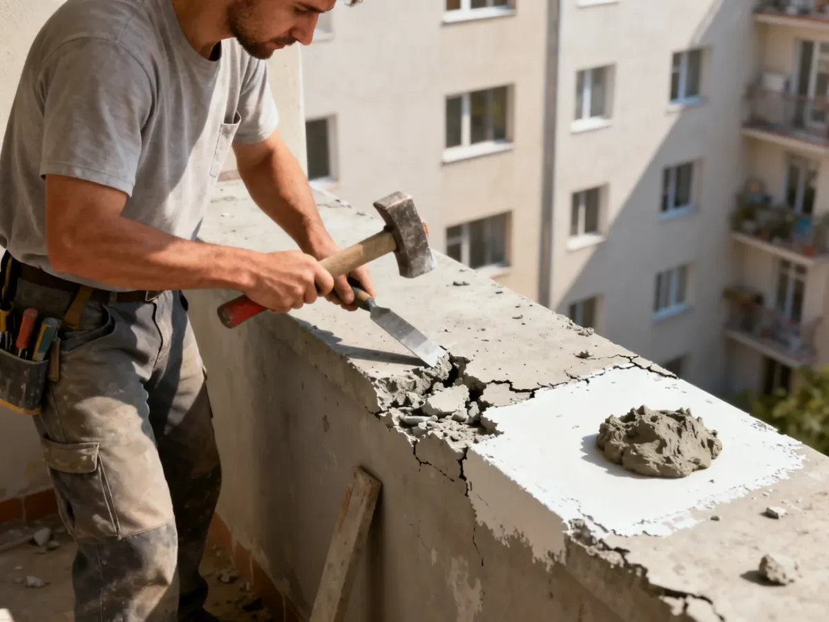 Usuwanie uszkodzonego betonu przed naprawą wylewki balkonowej