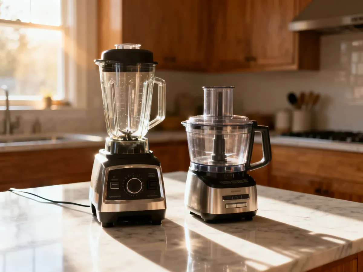 Nowoczesny blender i robot kuchenny stojące obok siebie na marmurowym blacie w słonecznej kuchni.