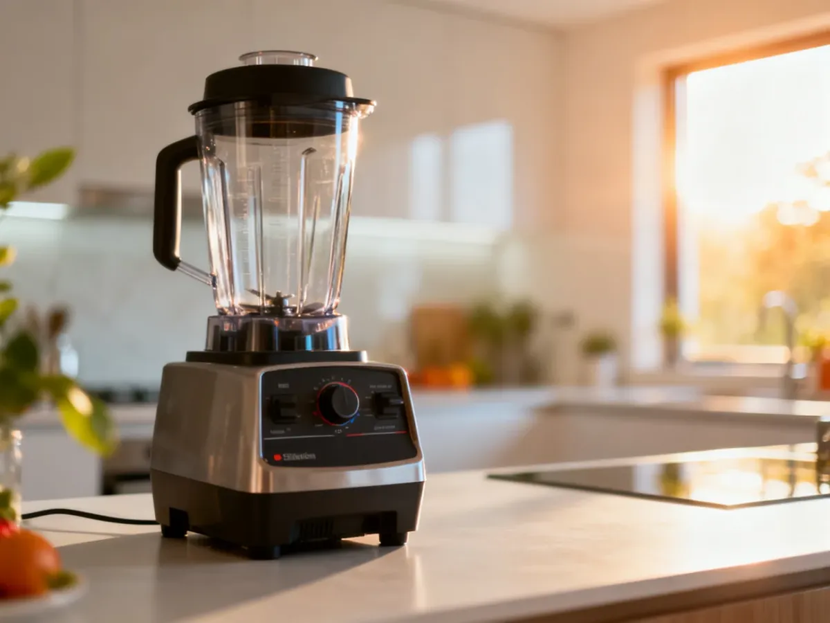Profesjonalny blender kielichowy na minimalistycznym blacie kuchennym w słonecznej, nowoczesnej kuchni.