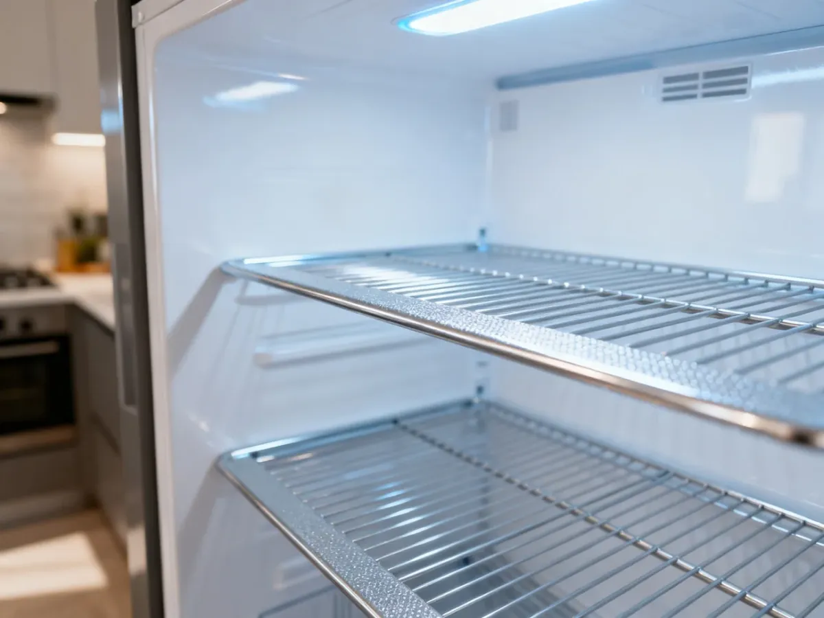 Wnętrze nowoczesnej, czystej i pustej lodówki z oświetleniem LED, gotowe do ponownego schłodzenia po rozmrożeniu.