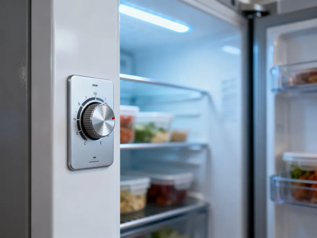 Pokrętło regulacji temperatury wewnątrz nowoczesnej lodówki z podświetleniem LED.