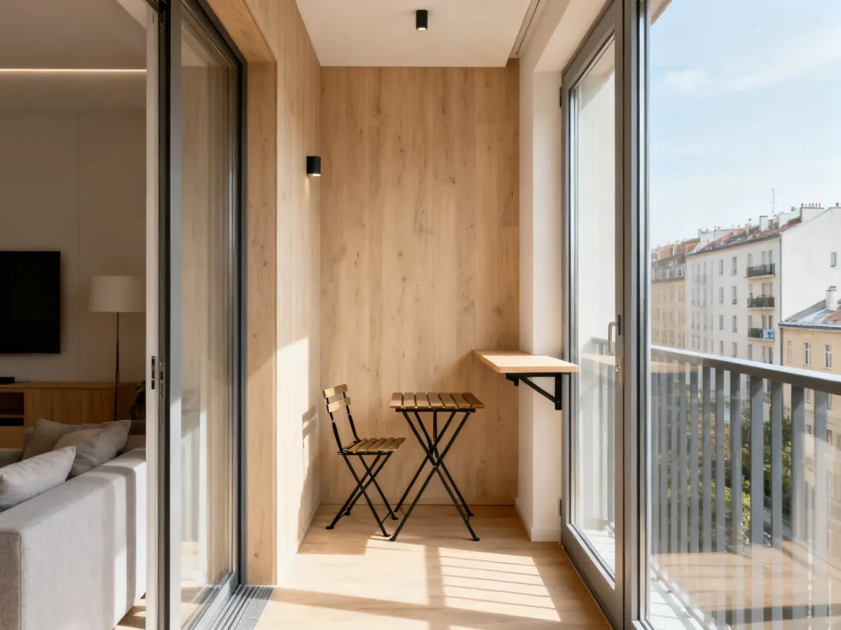Wąski balkon ze składanymi meblami i stolikiem montowanym przy ścianie