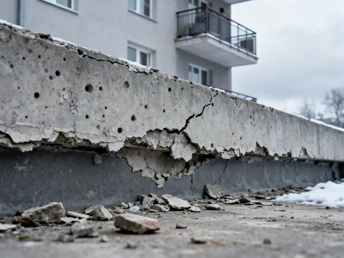 Krusząca się i popękana wylewka betonowa na balkonie