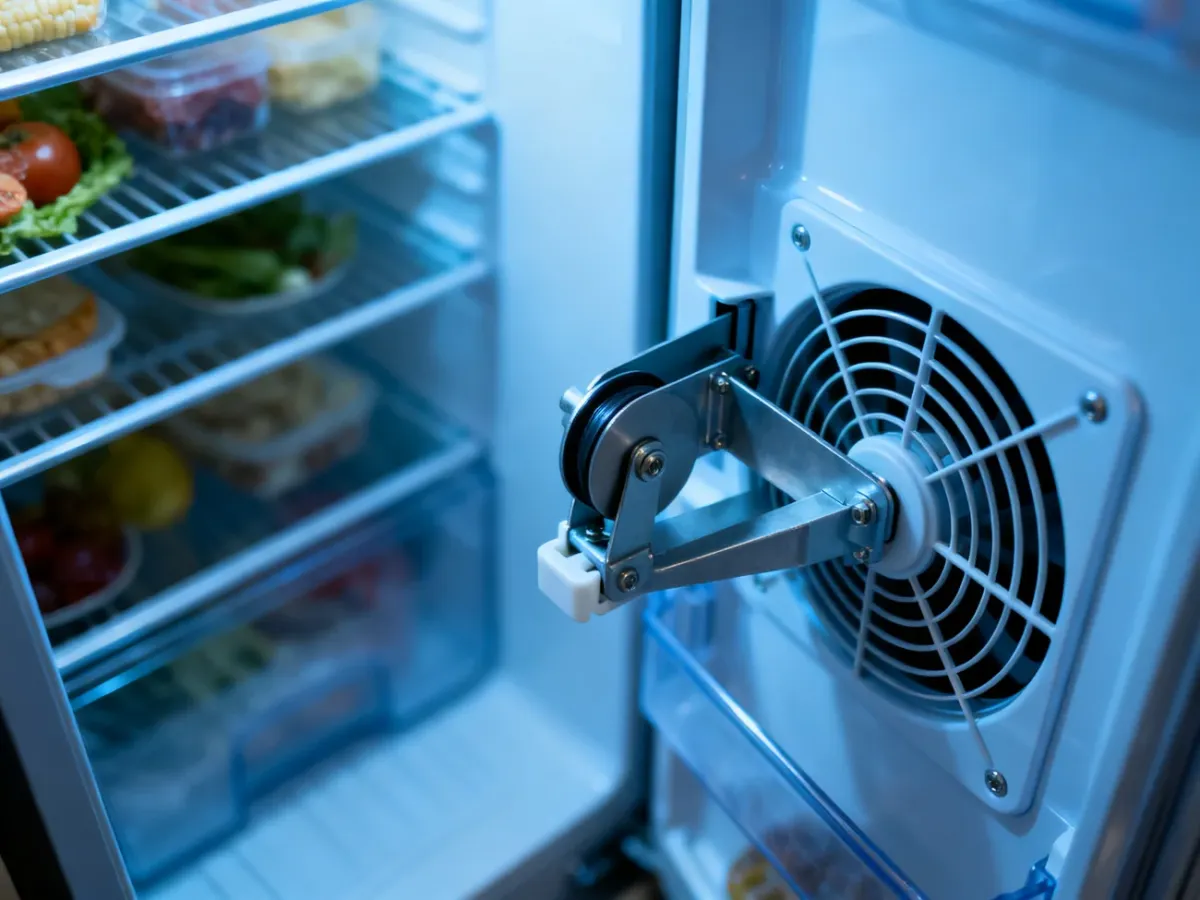 Wnętrze lodówki z widocznym mechanizmem przepustnicy powietrza przy nawiewie, zapewniającym odpowiednią cyrkulację chłodu.