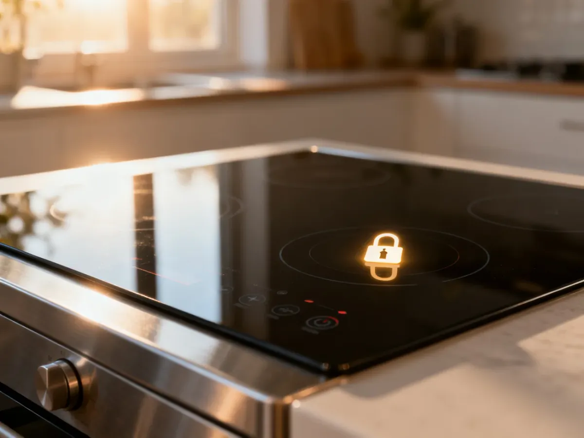 Nowoczesna płyta indukcyjna Whirlpool z podświetloną ikoną kłódki na panelu sterowania, sygnalizującą blokadę urządzenia.