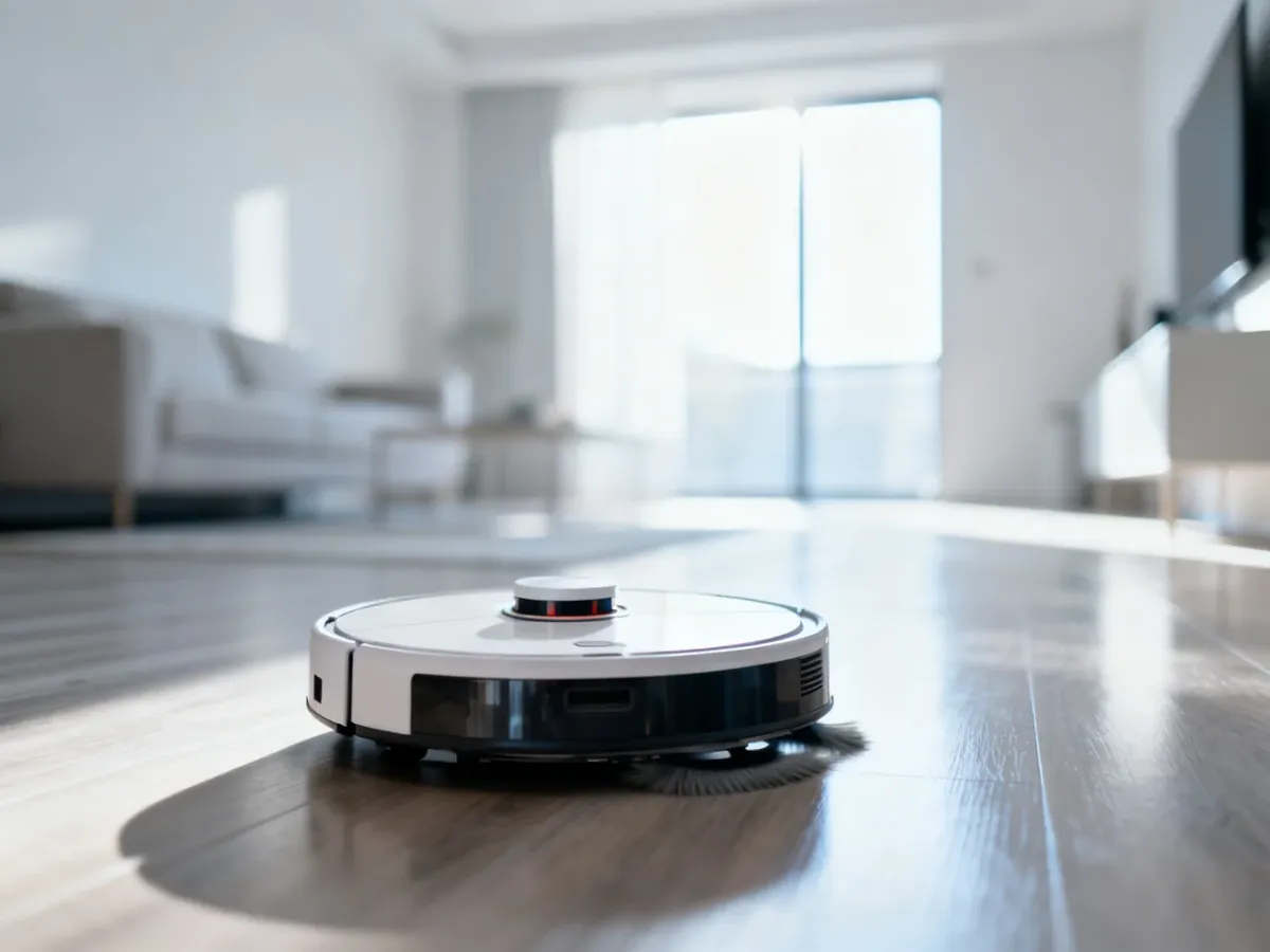 Nowoczesny robot sprzątający mopujący podłogę w jasnym, minimalistycznym salonie.