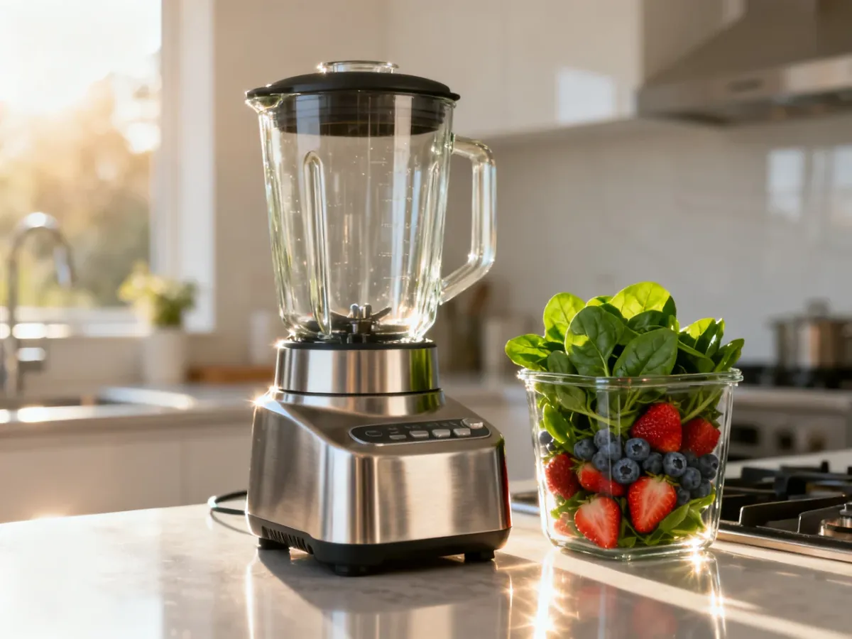 Nowoczesny blender na kuchennym blacie obok świeżych owoców i warzyw, przygotowany do zrobienia zdrowego koktajlu.
