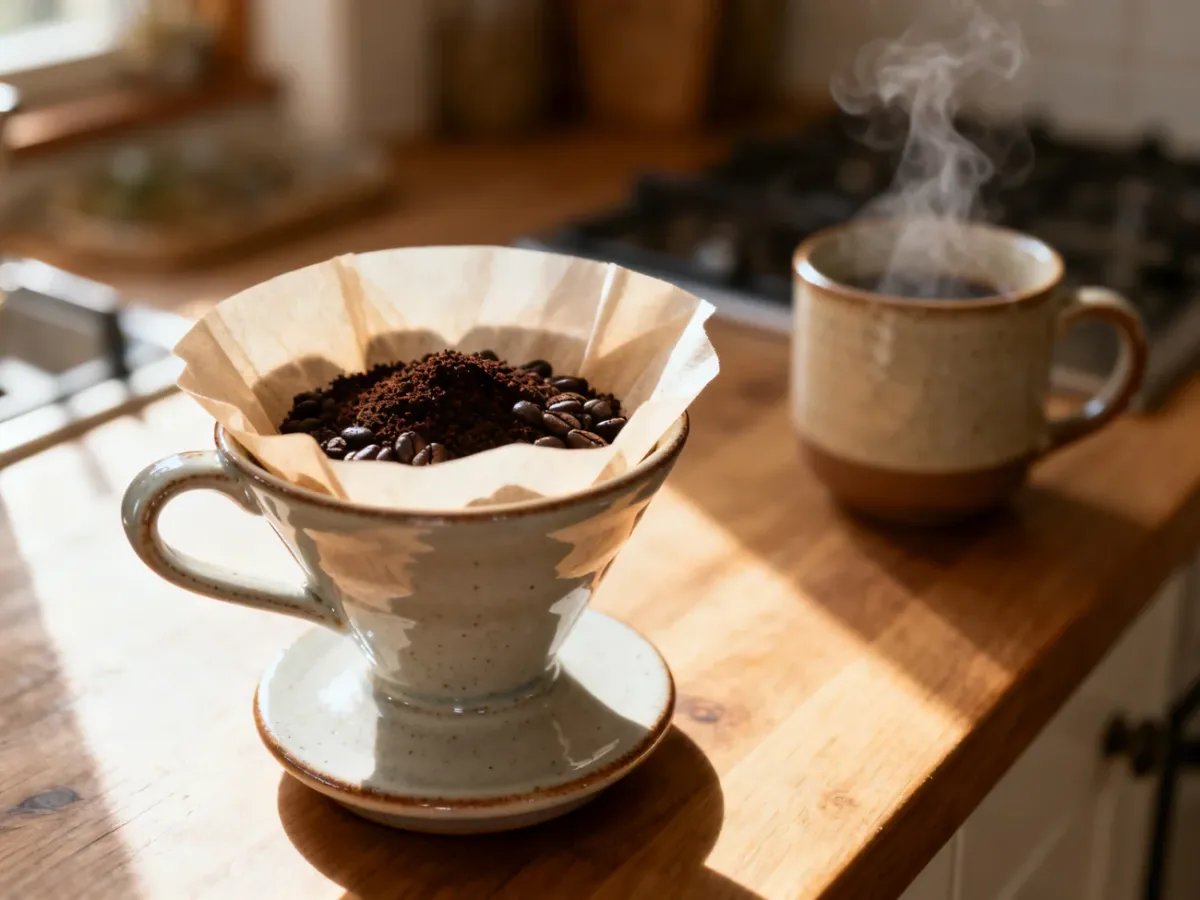 Ceramiczny dripper z papierowym filtrem i świeżo zmieloną kawą na drewnianym blacie w promieniach porannego słońca.