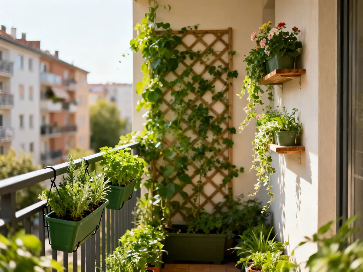 Mały balkon z pionową aranżacją roślin i wiszącymi doniczkami