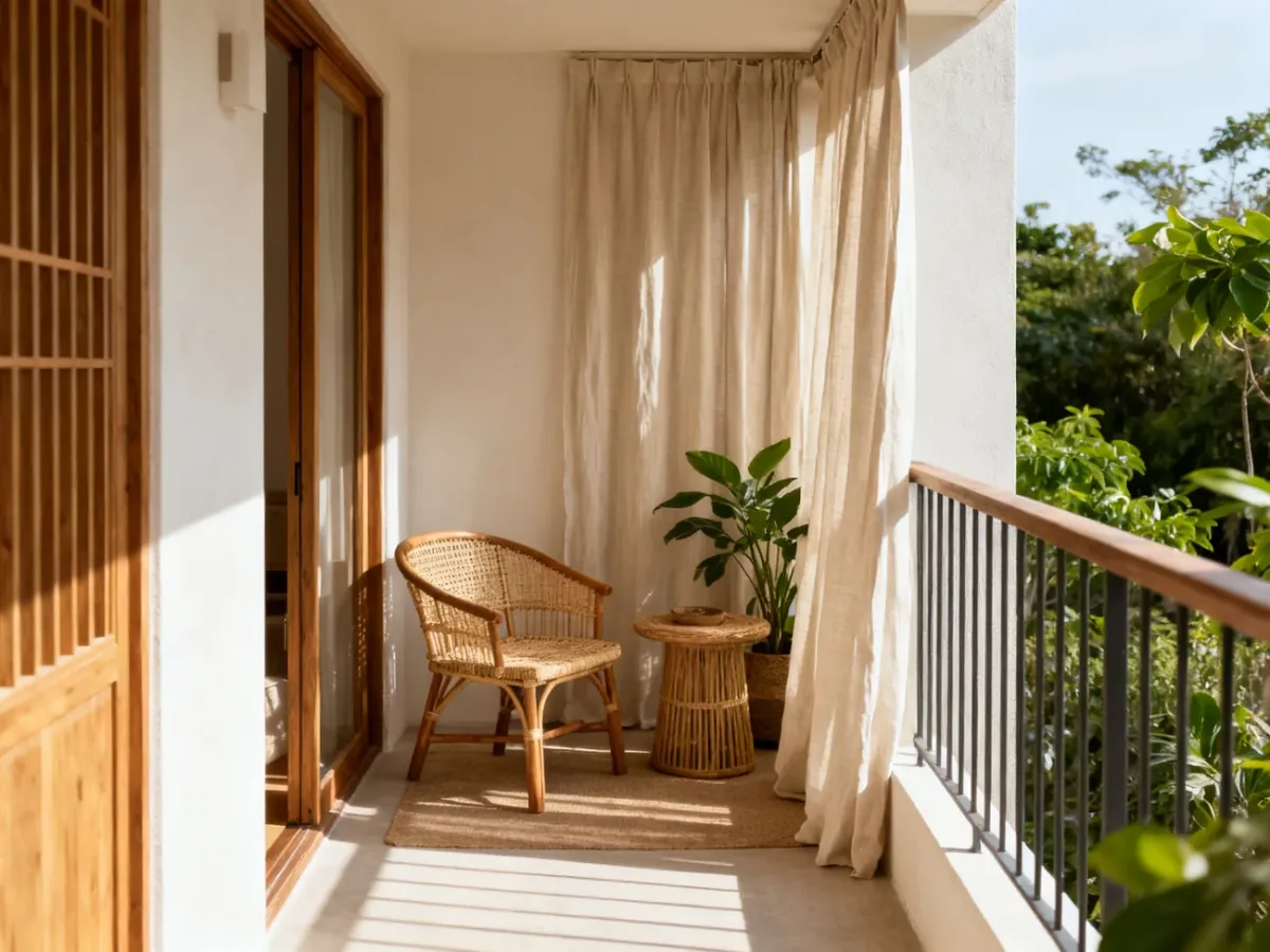 Przytulny balkon z neutralnymi zasłonami, drewnem i roślinami