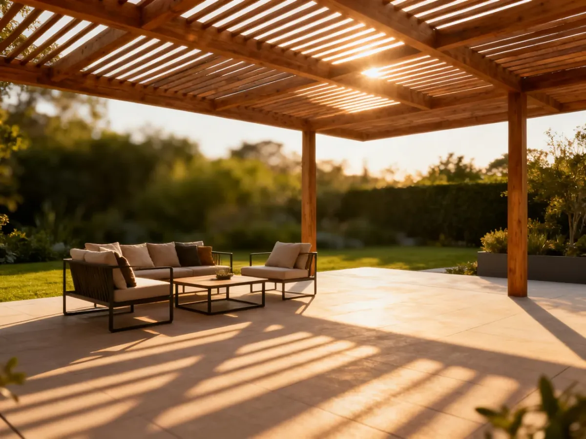 Nowoczesna drewniana pergola nad tarasem z wygodnymi meblami ogrodowymi w ciepłym świetle zachodzącego słońca.